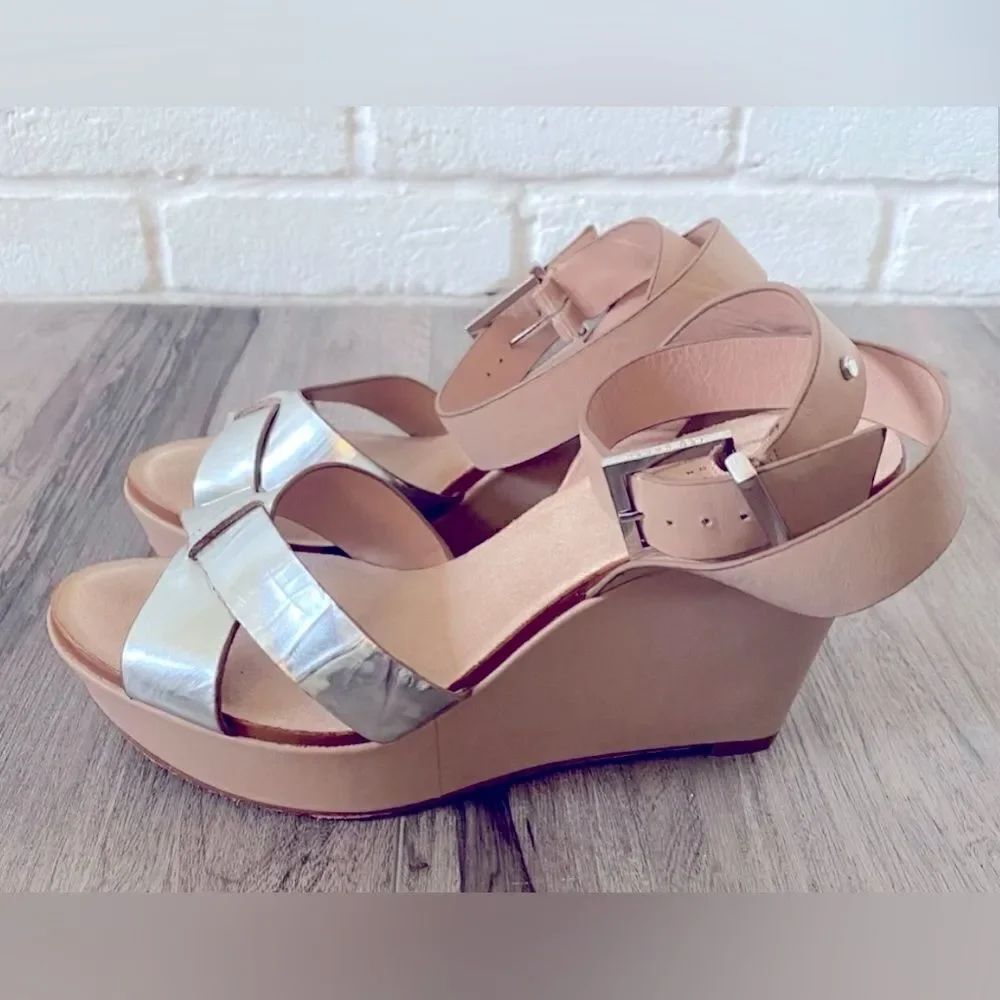 TED BAKER wedge heels; leather & silver; Size 38